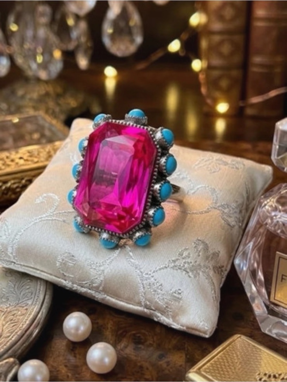 Boho Hot Pink Bling Turquoise Adjustable Statement Ring Cowgirl Western Vintage